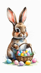 Obraz premium Watercolor Easter bunny with colorful eggs on white background. AI generated