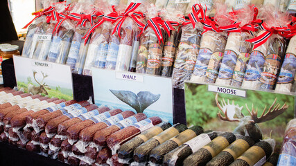 different types of norway sausage from reindeer, whale, moose