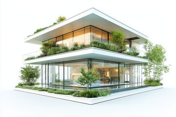 Fototapeta premium A modern, multi-level house featuring extensive greenery, large glass windows, and sleek architectural lines, blending nature with contemporary design.