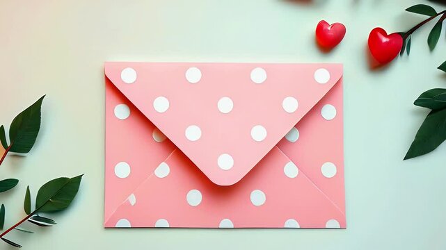 A pink polka-dotted envelope surrounded by green leaves and red hearts, conveying a romantic theme.