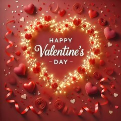 Valentine's Day greeting card with hearts and lights isolated on a red background