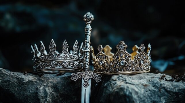 silver medieval sword and king or queen crown on stone