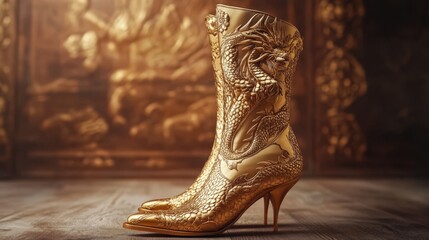 Fototapeta premium Golden Dragon Embroidered High Heels Boots