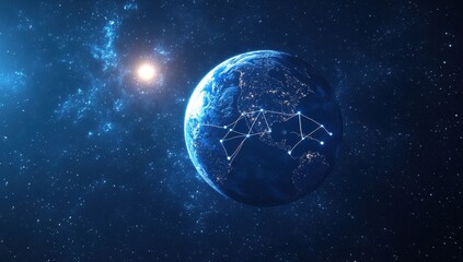 Obraz premium Beautiful view of Earth at night with illuminated cities and a starry background, showcasing a network of connections highlighting global communication and technology advancements.