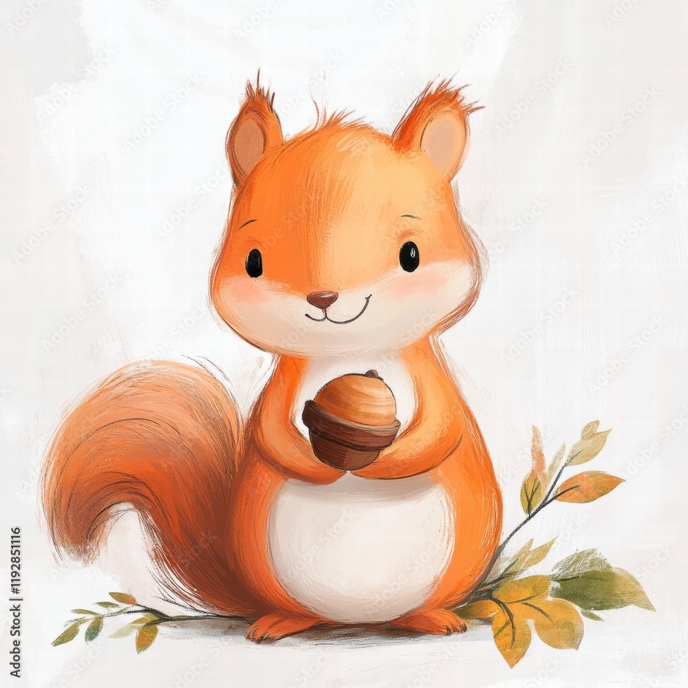 Poster Cute cartoon squirrel holding an acorn surrounded by colorful leaves in a playful and cheerful setting. Generative AI