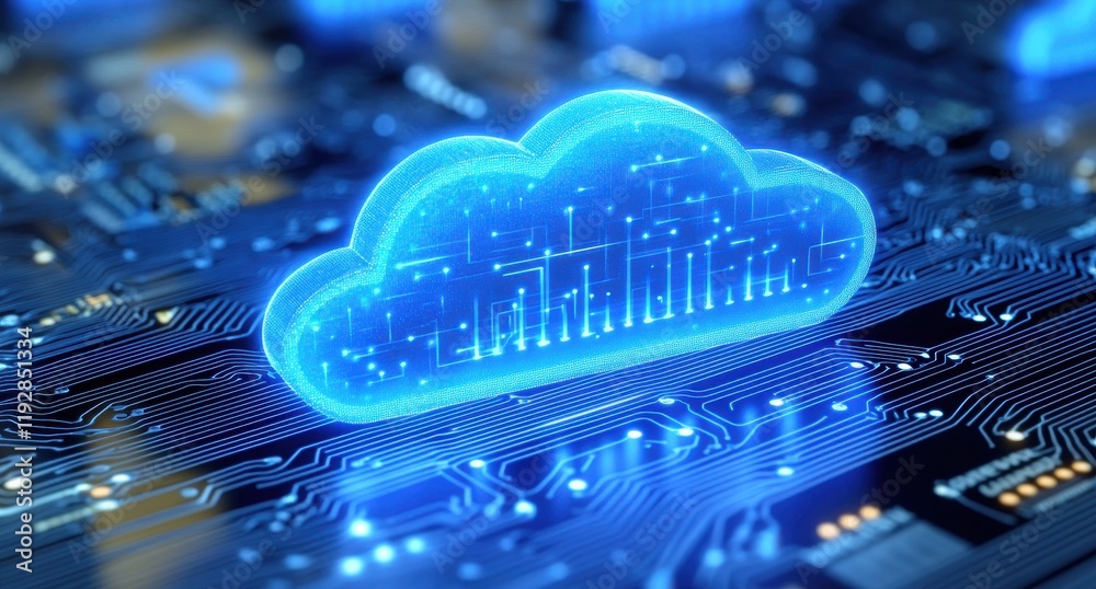 Poster bright blue cloud icon over circuit board with data visualization elements representing cloud comput