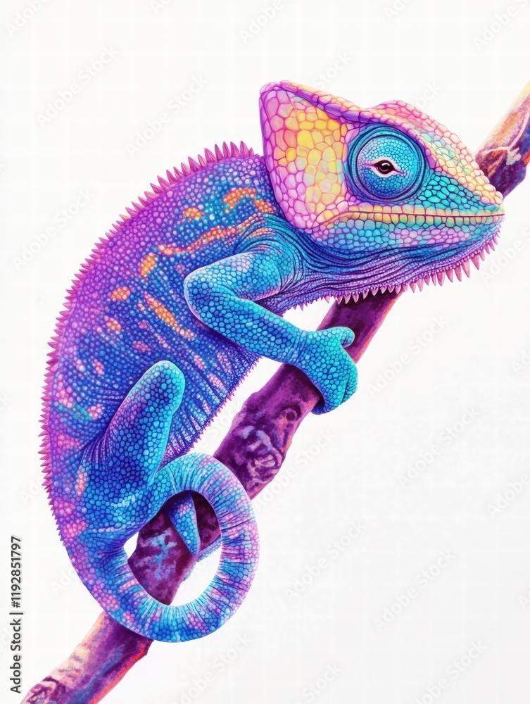 Poster colorful chameleon resting on a branch in a vibrant and detailed illustration created by an artist. 