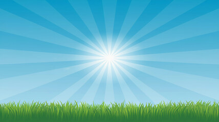 Fototapeta premium Bright Sunburst Over Green Grass Field Under Radiant Blue Sky with Sun Rays