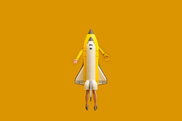 Rocket fused with human legs. The surreal images convey creativity, innovation and imagination in a...