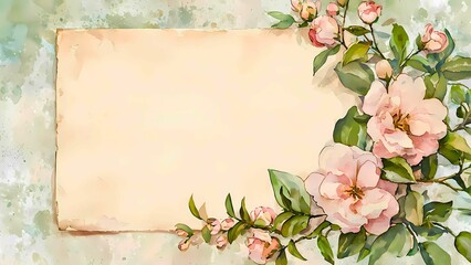a floral watercolor painting with pink flowers and a blank parchment paper with green and blue watercolor splatters in the background. 