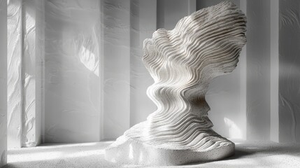 Abstract white sculpture with layered, wavy design on white surface.
