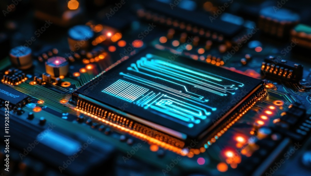 Poster close-up of a high-tech microchip surrounded by circuits and illuminated elements, showcasing advanc
