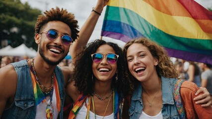 Fototapeta premium Vibrant Pride Parade: Diverse Crowd Celebrating Love and Equality with Rainbow Flags