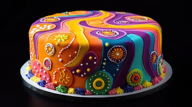 A vibrant birthday cake with intricate rainbow icing patterns and colorful fondant decorations, ideal for celebrations