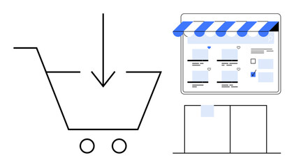 Shopping cart with downward arrow indicating addition of items, alongside online shop interface with awning and product listings. Ideal for e-commerce, digital retail, online business, consumer