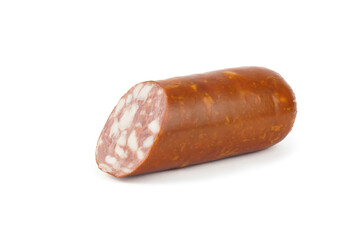 Piece of salami smoked sausage, isolated on white background