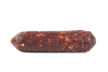 Piece of salami smoked sausage, isolated on white background