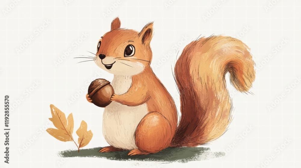 Poster charming squirrel holding an acorn while sitting next to a fallen leaf in a playful autumn scene. ge
