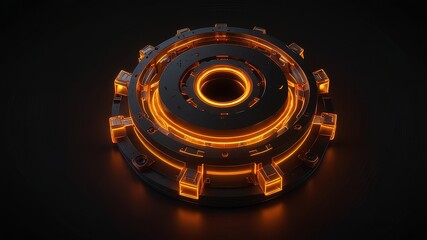 Orange and yellow neon light settings cog icon. Vibrant colored technology symbol, isolated on a black background. 3D Render