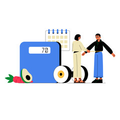 Two People Shaking Hands Near Weight Scale In Flat Vector Illustration Symbolizing Agreement, Weight Goals, And Fitness Partnership, Isolated On White Background