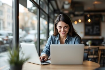 Woman smiling while working with laptop in a cafe