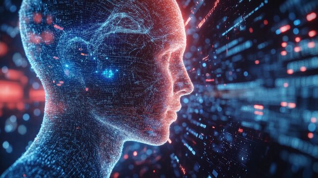 Digital head hologram in futuristic cyberspace with glowing lights.