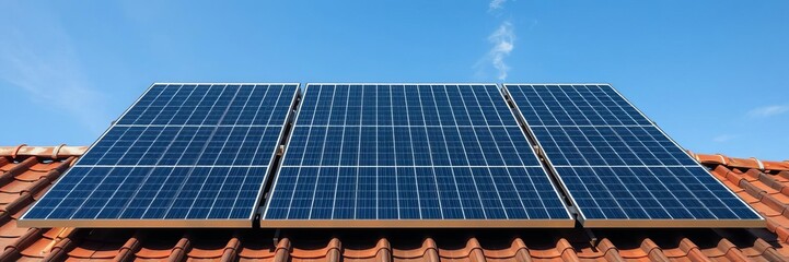 Obraz premium A close-up shot of solar panels installed on a rooftop against a clear blue sky, photovoltaic, solar panels, sunlight