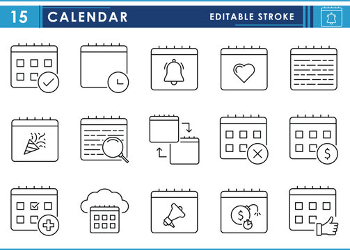 A set of line icons related to Calendar. Work, time, schedule, announce, alarm, party, notes, deadline, and so on. Vector editable stroke.