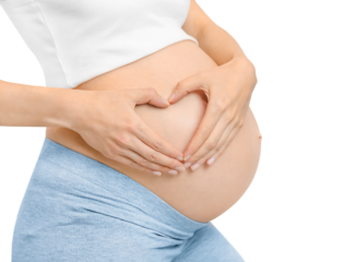 pregnant woman folded her hands in a heart shape near her belly. concept of love, care and family. isolated on white background