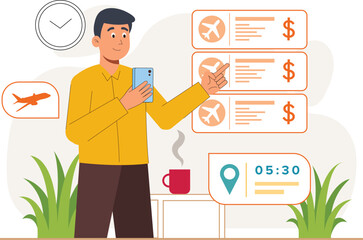 A digital travel planning experience where a traveler books flight tickets and organizes their trip, excitedly preparing for their upcoming adventure.