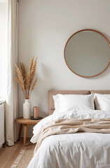interior of modern bedroom with white walls, carpet and round mirror