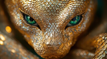 Obraz premium Luxurious Snake-Themed Masquerade Masks in Gold and Green with Intricate Details, Perfect for Gala Events, Carnival Celebrations, and Theatrical Performances