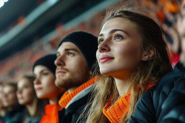Fototapeta premium Generative AI image of excited sports fan supporting celebrating victory stadium during intense match day