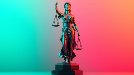 lawyer legal ethics. A striking statue of Lady Justice, symbolizing law and fairness, stands against a vibrant gradient backdrop of teal and pink.