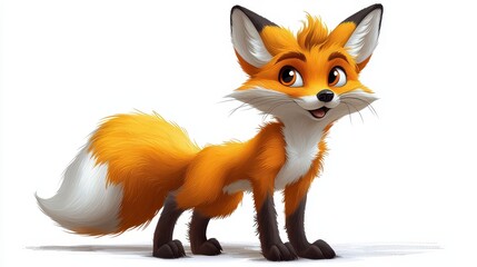 Obraz premium Adorable cartoon fox with orange fur, bushy tail, and big eyes, standing on a white background.
