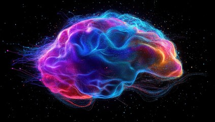 Obraz premium Colorful Abstract Representation of a Human Brain in a Cosmic Space with Vibrant Electric Patterns and Energy Flow, Symbolizing Creativity and Imagination
