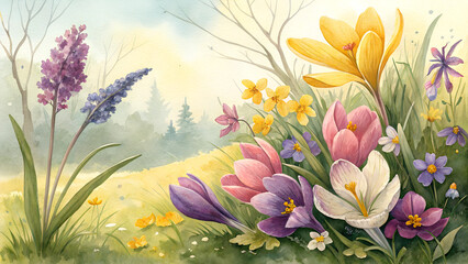 Watercolor spring flowers background, vibrant yellow, purple, and pink blooms, representing life and rebirth during Qingming, lively and uplifting