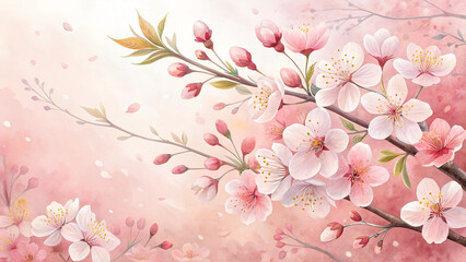 Watercolor floral background, delicate pink and white cherry blossoms, representing freshness and joy of spring celebration