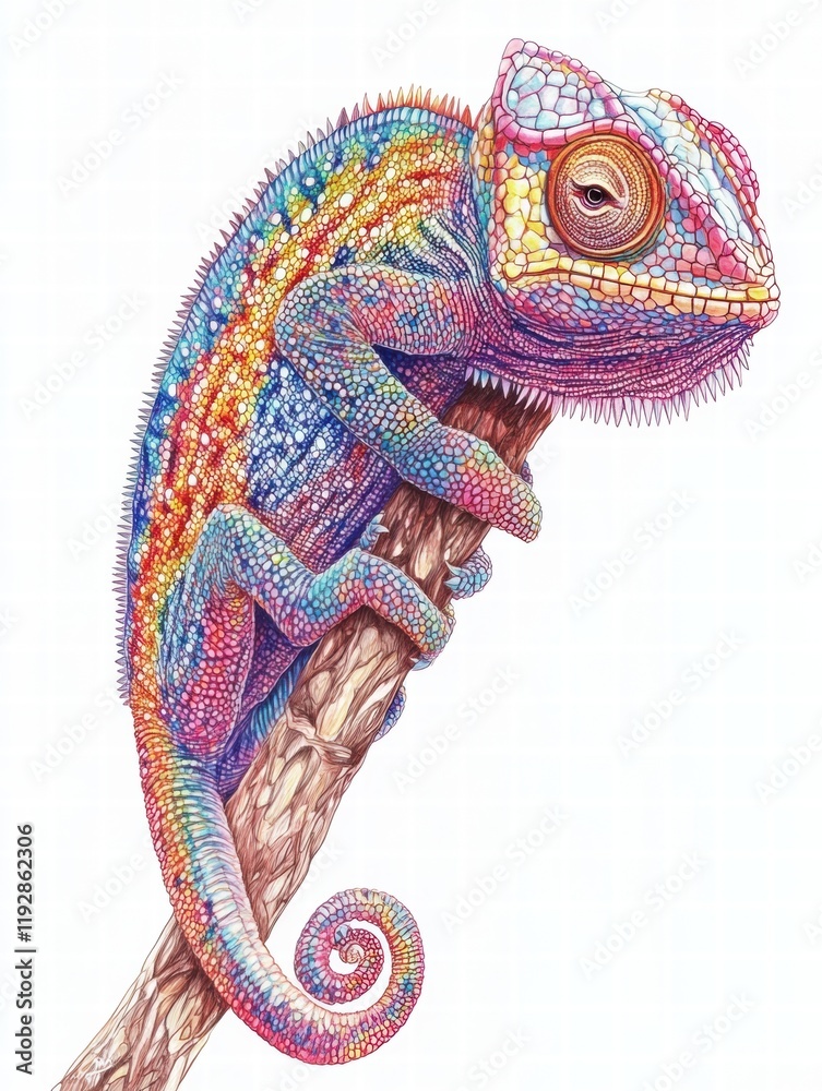 Fototapete colorful chameleon perched on branch with intricate patterns and vibrant hues in a bright setting. g