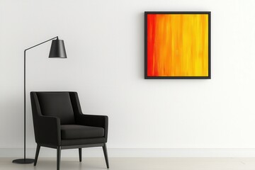interior minimal midcentury. Modern interior with a black chair and vibrant abstract art.