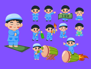Muslim boy illustration various Islamic activities