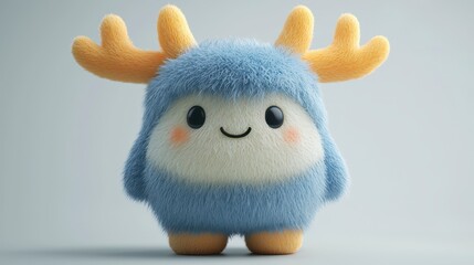 Adorable fluffy blue toy reindeer with yellow antlers, smiling.