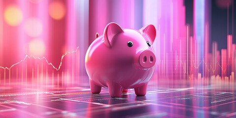 Pink piggy bank on a glowing digital financial chart background, symbolizing savings, investment, and personal finance. The futuristic setup emphasizes financial technology.