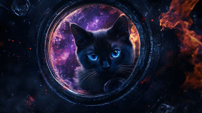 Cosmic Cat: A feline adventurer gazing into the nebula through a spaceship portal, surrounded by fiery cosmic dust.