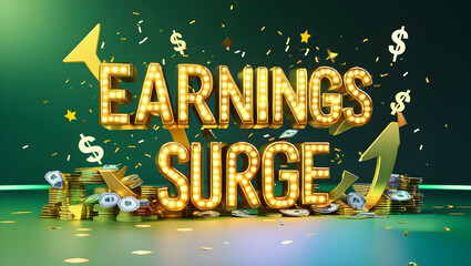 Earnings Surge Gold coins, rising arrows, confetti celebrate financial growth