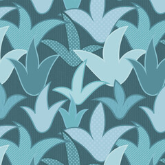 Abstract maximalist floral background with teal textured stylized plant leaves.