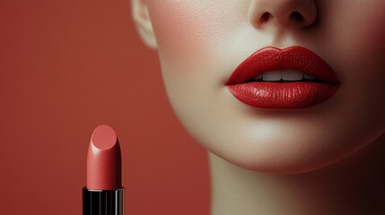 Obraz premium Elegant minimal design showcasing a beauty with flawless red lips and a matching lipstick. Generative AI