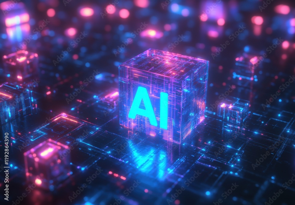 Poster digital representation of artificial intelligence in a futuristic data environment with vibrant colo