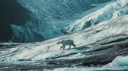 A polar bear walking across a glacier in the Arctic.