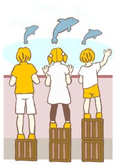 合理的配慮・公正　個に合わせた支援により全員がイルカのショーを見ることができたイラスト　シンプル